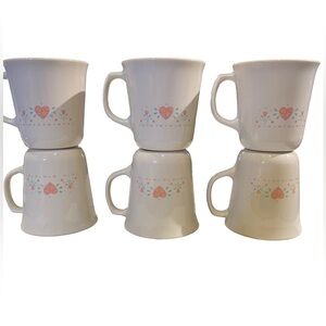 6 Corelle “Forever Yours” White Mugs with Pink Heart Design Discontinued Design